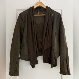 Free People Coated Denim Drape-Front Moto Jacket, Olive/Army Green (Size 8, M)